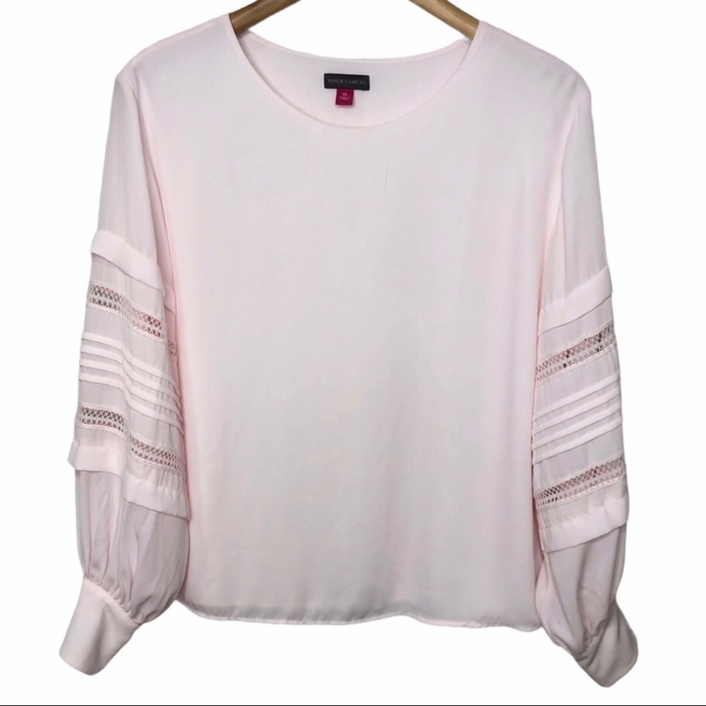 Vince Camuto Crocheted Blouson Sleeve Blouse Light Pink Popover Size XS - Picture 2 of 10